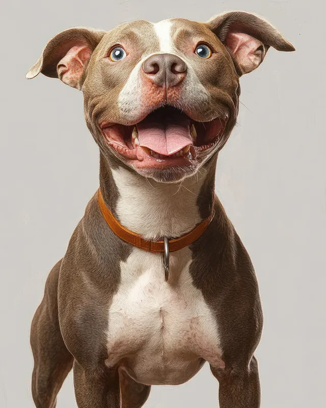 Happy brown and white dog panting with blue eyes against a plain light background