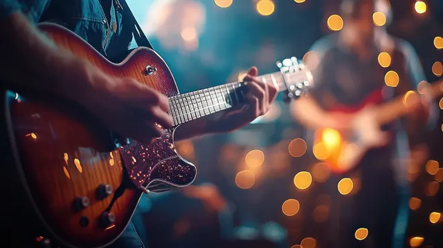 A guitarist plays an electric guitar on a church stage while warm bokeh lights blur in the background.