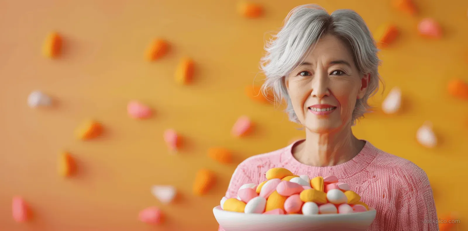 Smiling Asian senior breast cancer survivor in a pink sweater holding a colorful care package with confetti on a pastel background.
