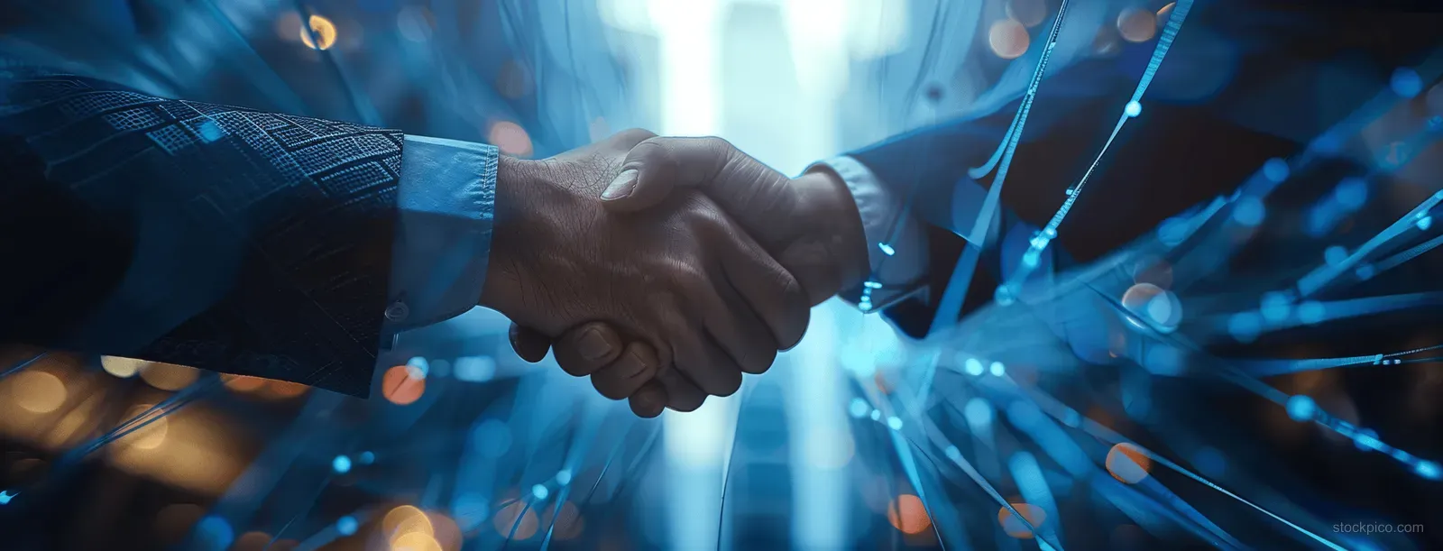 Two business partners handshake in an office setting while blue network light patterns glow in the background.