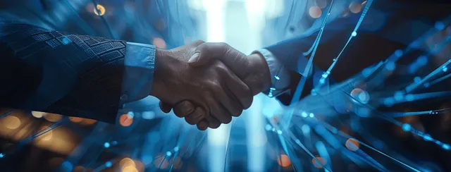 Two business partners handshake in an office setting while blue network light patterns glow in the background.