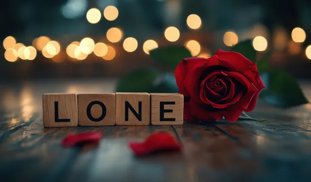 Wooden blocks spelling lone sit beside a red rose with warm blurred lights behind.