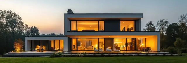 Modern villa glowing at twilight with landscaped garden and warm interior lights