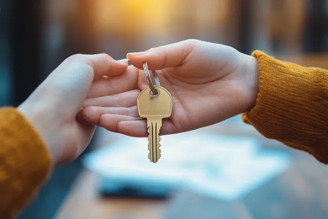 Two hands pass a set of house keys to a new tenant over a blurred rental agreement.
