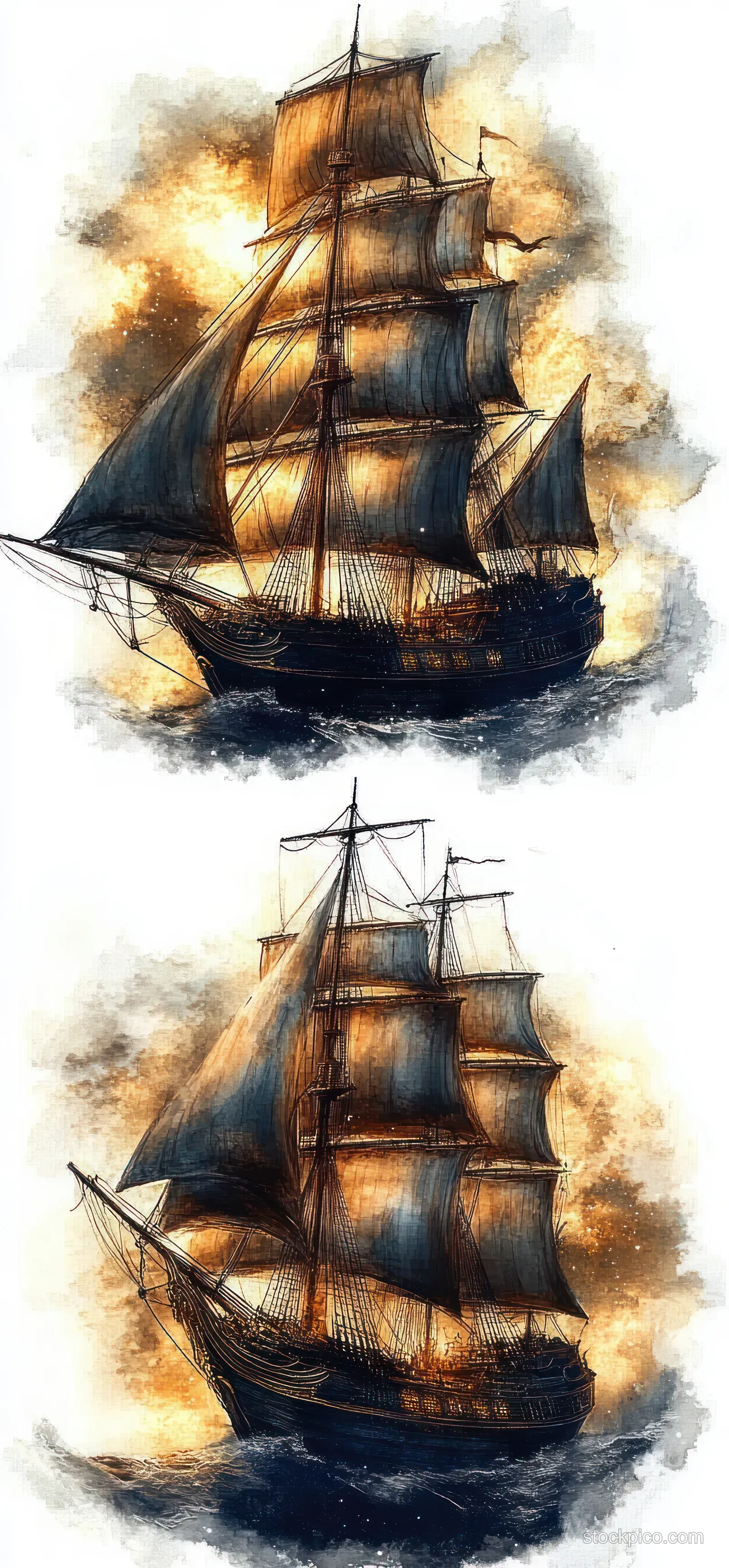 Two illustrated tall ships with many sails and rigging sail through turbulent waves under warm, smoky storm clouds.