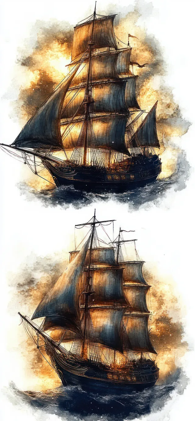 Two illustrated tall ships with many sails and rigging sail through turbulent waves under warm, smoky storm clouds.