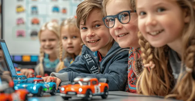 Children sit in a classroom watching a teacher’s coding lesson with robot toys and laptop screens.