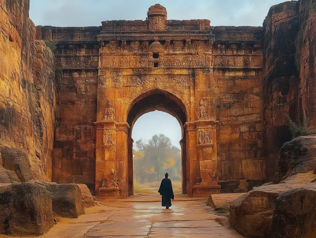 A lone traveler walks under a massive ancient stone archway between rugged rock walls in cloudy light.