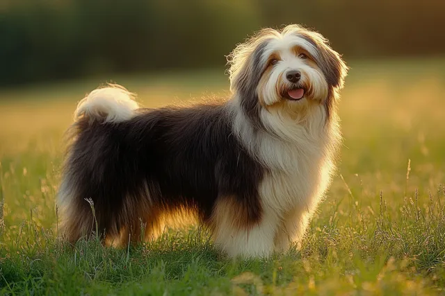 A fluffy black and white dog stands in a sunlit grassy field with its tongue out and happy expression.