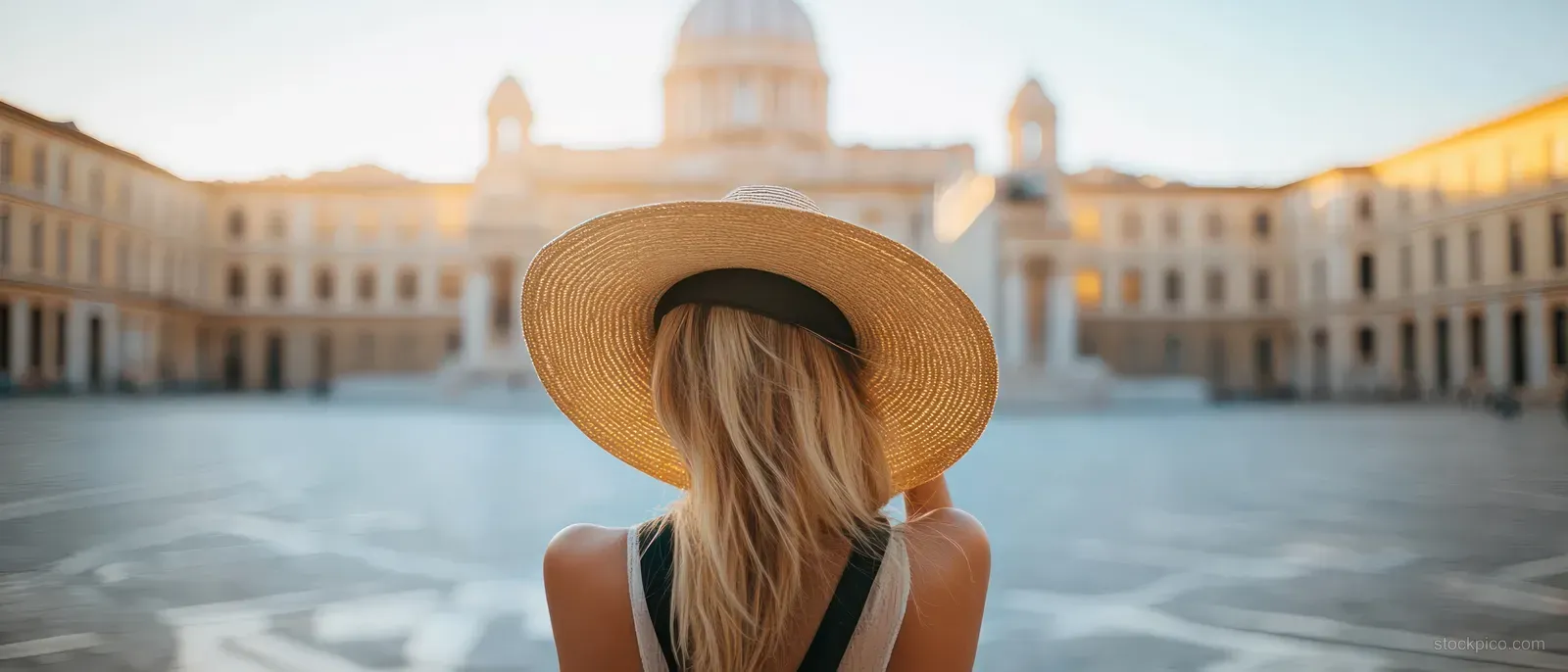 A woman in a wide straw hat stands in a historic plaza facing grand classical architecture during golden hour.