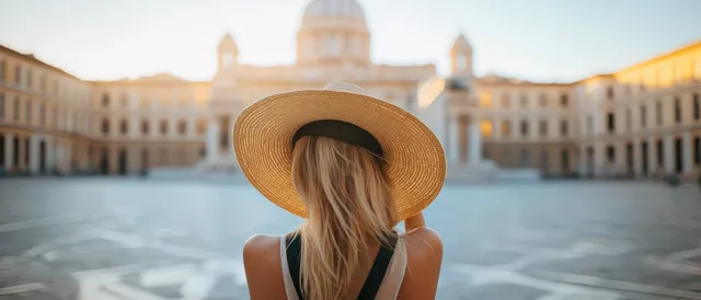 A woman in a wide straw hat stands in a historic plaza facing grand classical architecture during golden hour.