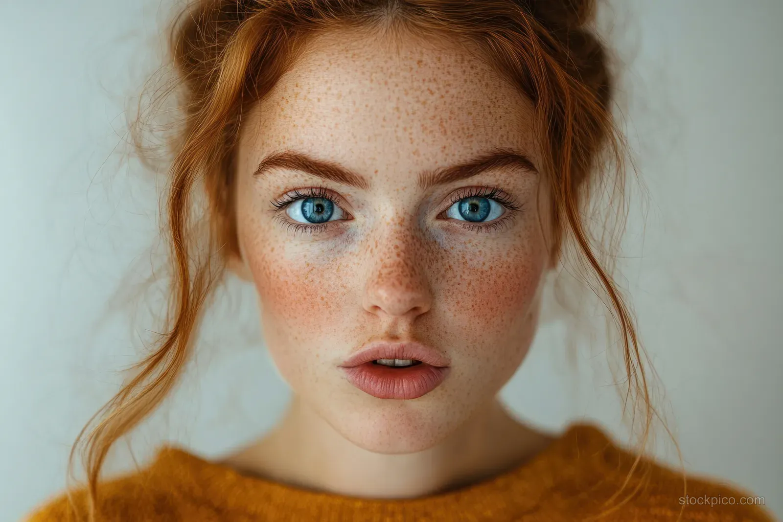 Young redhead woman with freckles and bright blue eyes looks at the camera in soft light, wearing a mustard top.