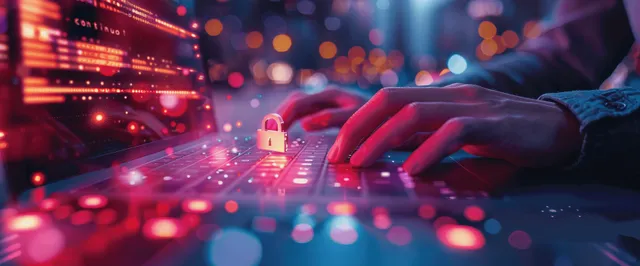 A glowing padlock over a laptop keyboard with red network encryption lines and blurred server lights.