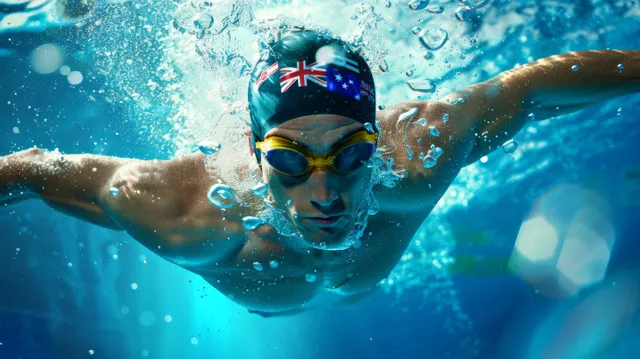 Underwater breaststroke swimmer races 200m, Australian cap and flag emblem in blue water