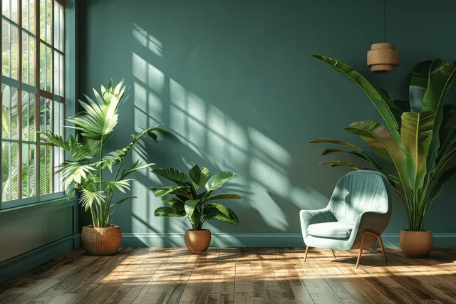 A white chair sits in a green-walled room beside potted plants under bright window sunlight and leafy shadows.