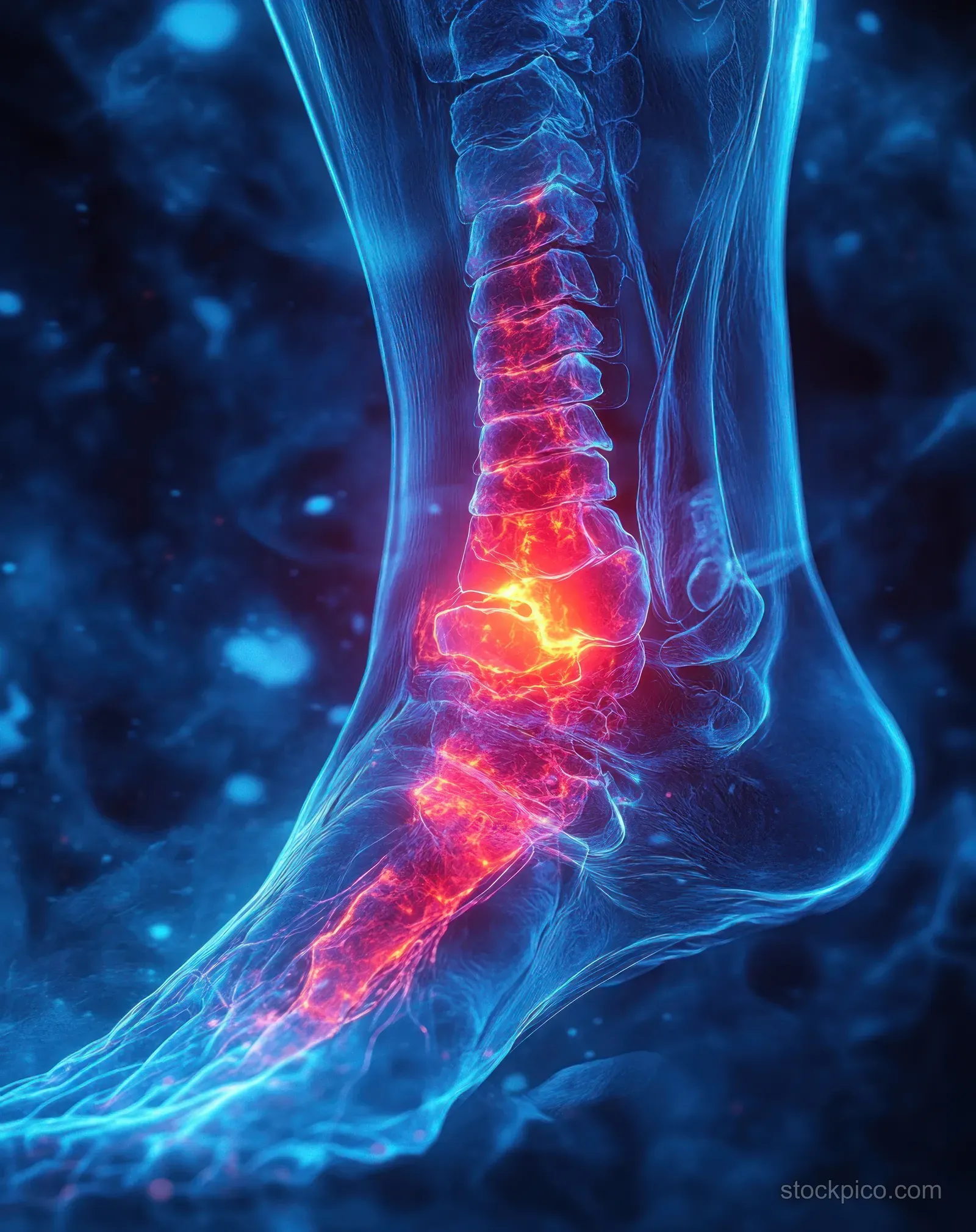 Transparent x-ray style ankle illustration with glowing red inflammation around the joint and foot bones.