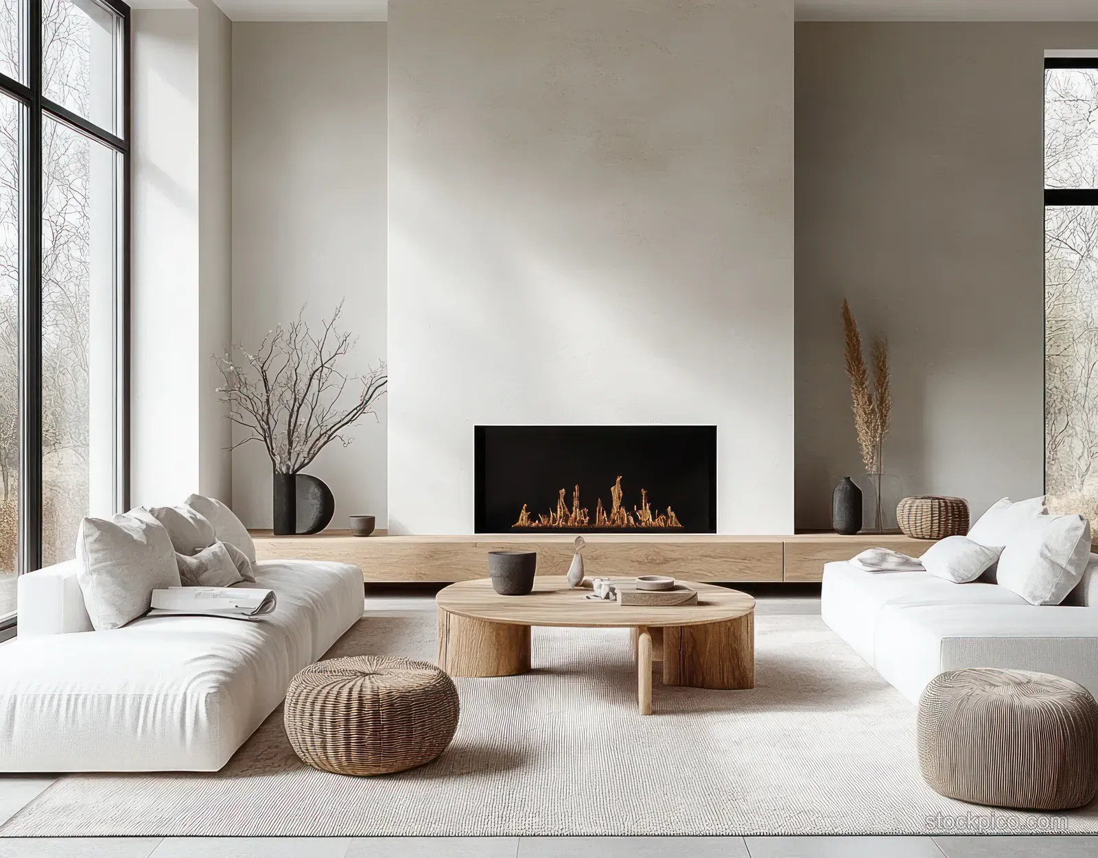 Minimalist living room showing two white sofas, a round wooden coffee table, and a built-in linear fireplace with dried plant decor.