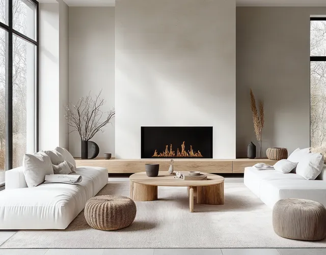 Minimalist living room with white sofas, round wooden table, and built-in linear fireplace