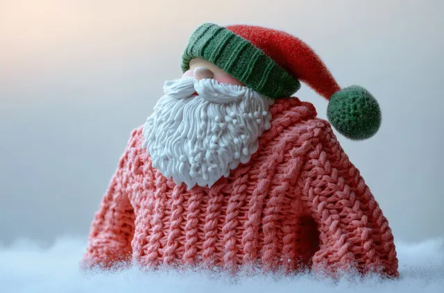 Santa figurine in a pink cable-knit sweater and red green hat, dusted with snow in a winter scene.
