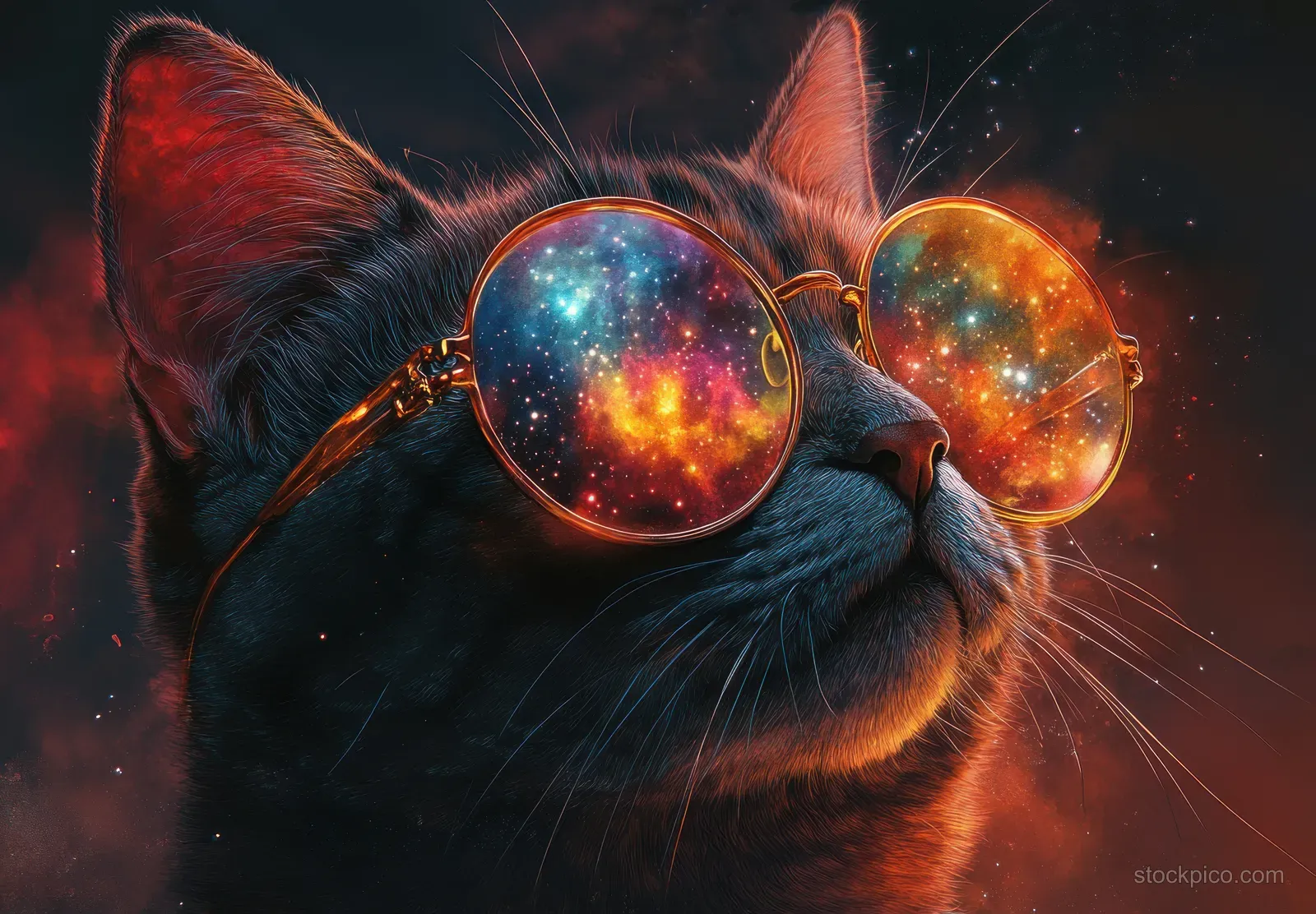 A fluffy gray cat wears round glasses reflecting a glowing galaxy in a fiery cosmic scene.