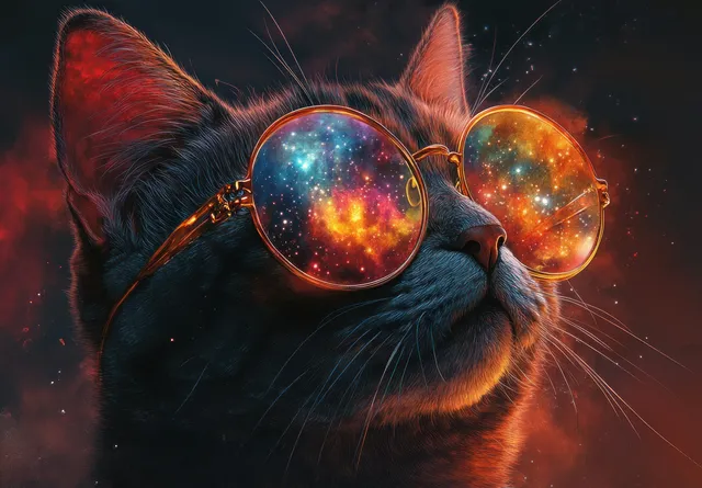 A fluffy gray cat wears round glasses reflecting a glowing galaxy in a fiery cosmic scene.