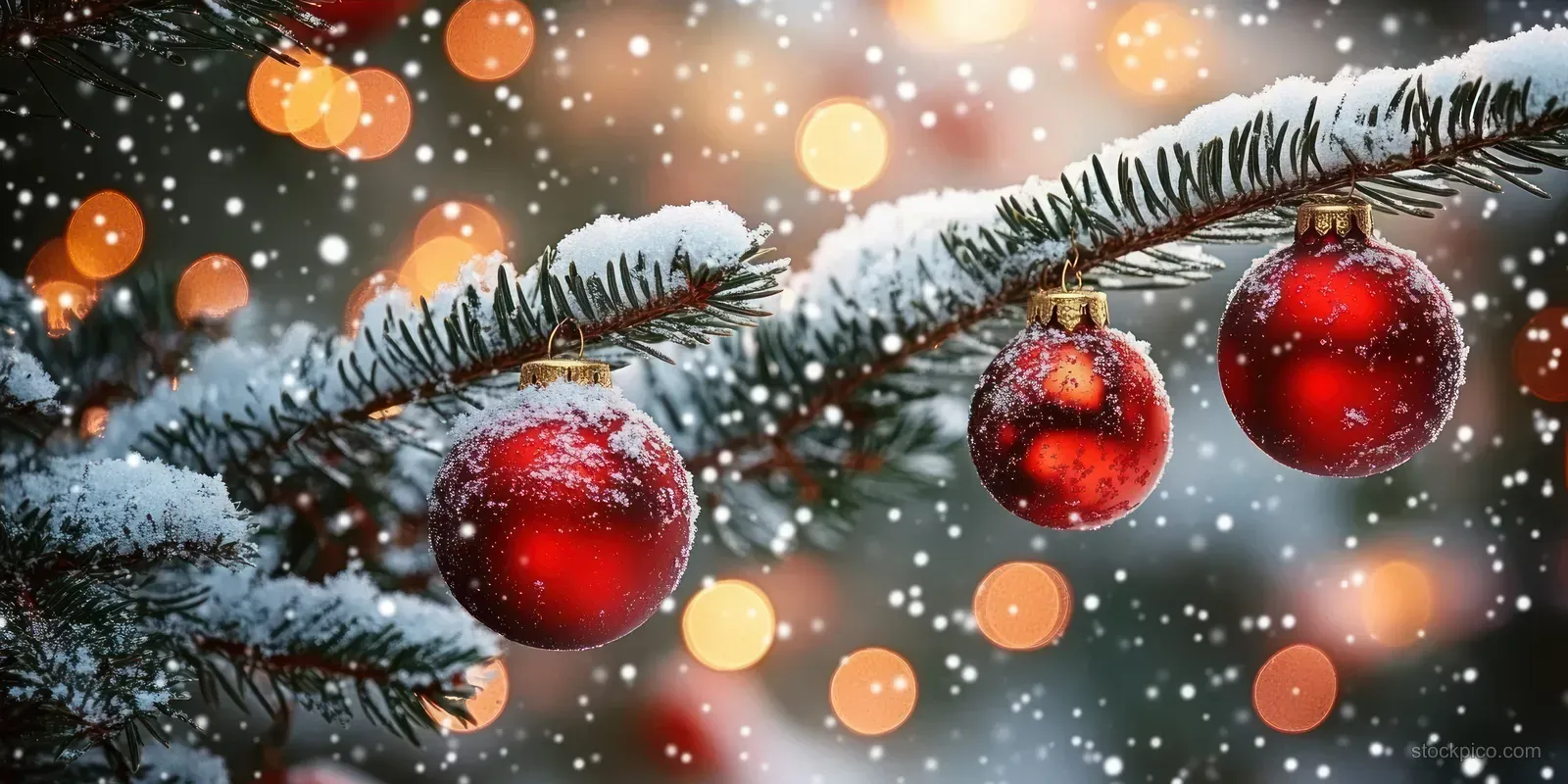 Snow-covered fir branches with three red Christmas baubles and warm glowing bokeh lights in snowy background.