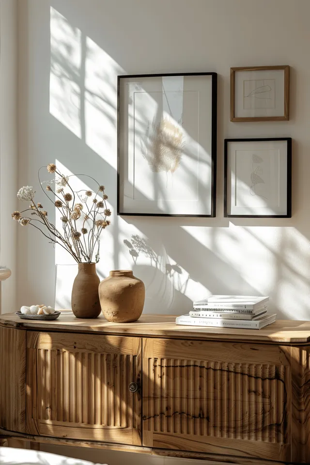 Sunlit minimalist living room with wooden sideboard and framed wall art with Interior Design