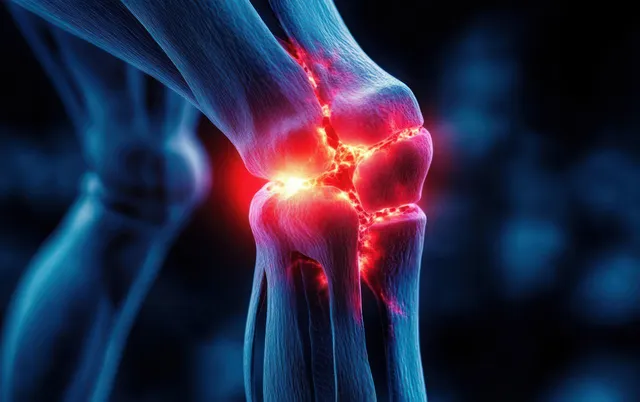 Digital knee joint model with glowing red inflamed areas around the joint and surrounding bones.