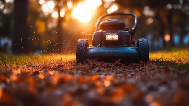 A man mows green grass with a lawn mower in a sunny backyard, with clippings flying near the camera.