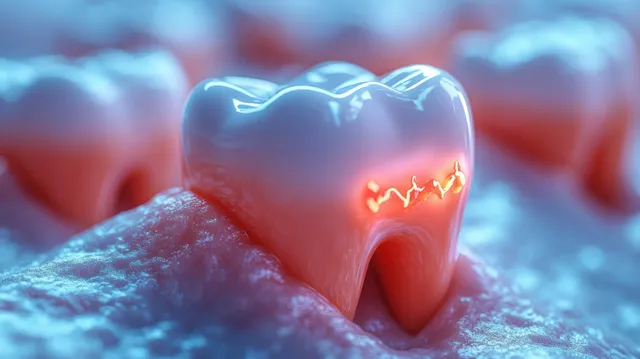 3D tooth model with inflamed gum and glowing pain area in a dental clinic themed scene.