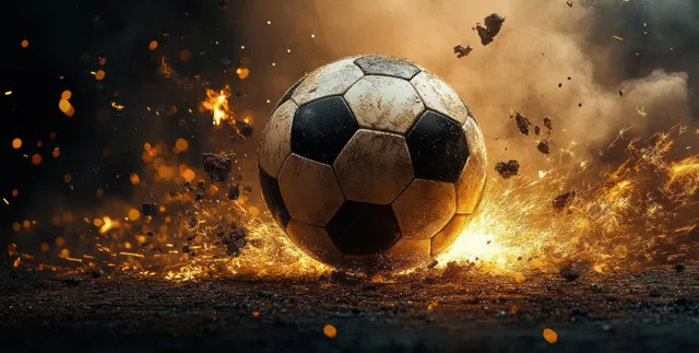 A worn soccer ball crashes into the ground, surrounded by orange sparks, dust, and flying debris.