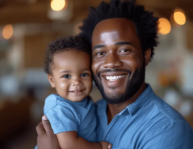 A smiling Black father hugs his laughing young son at home with warm golden lights blurred behind them.