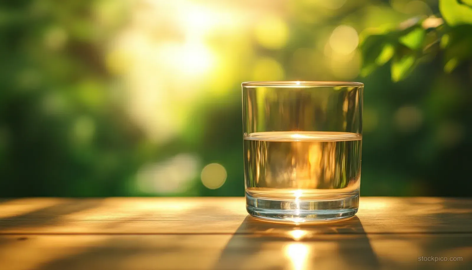 A clear glass of water on a wooden table with warm sunlight reflections and blurred green garden leaves behind it.