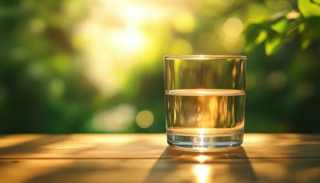 Clear water glass on wooden table with sunlit reflections and green garden bokeh with Shallow Depth Of Field