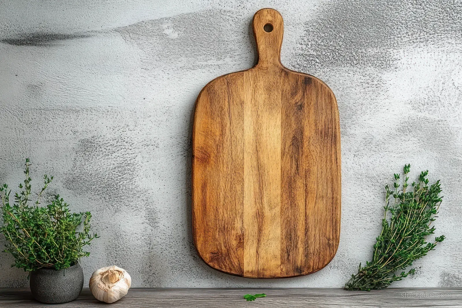 Wooden cutting board on textured concrete with rosemary sprigs, a garlic clove, and small herb pots in view.