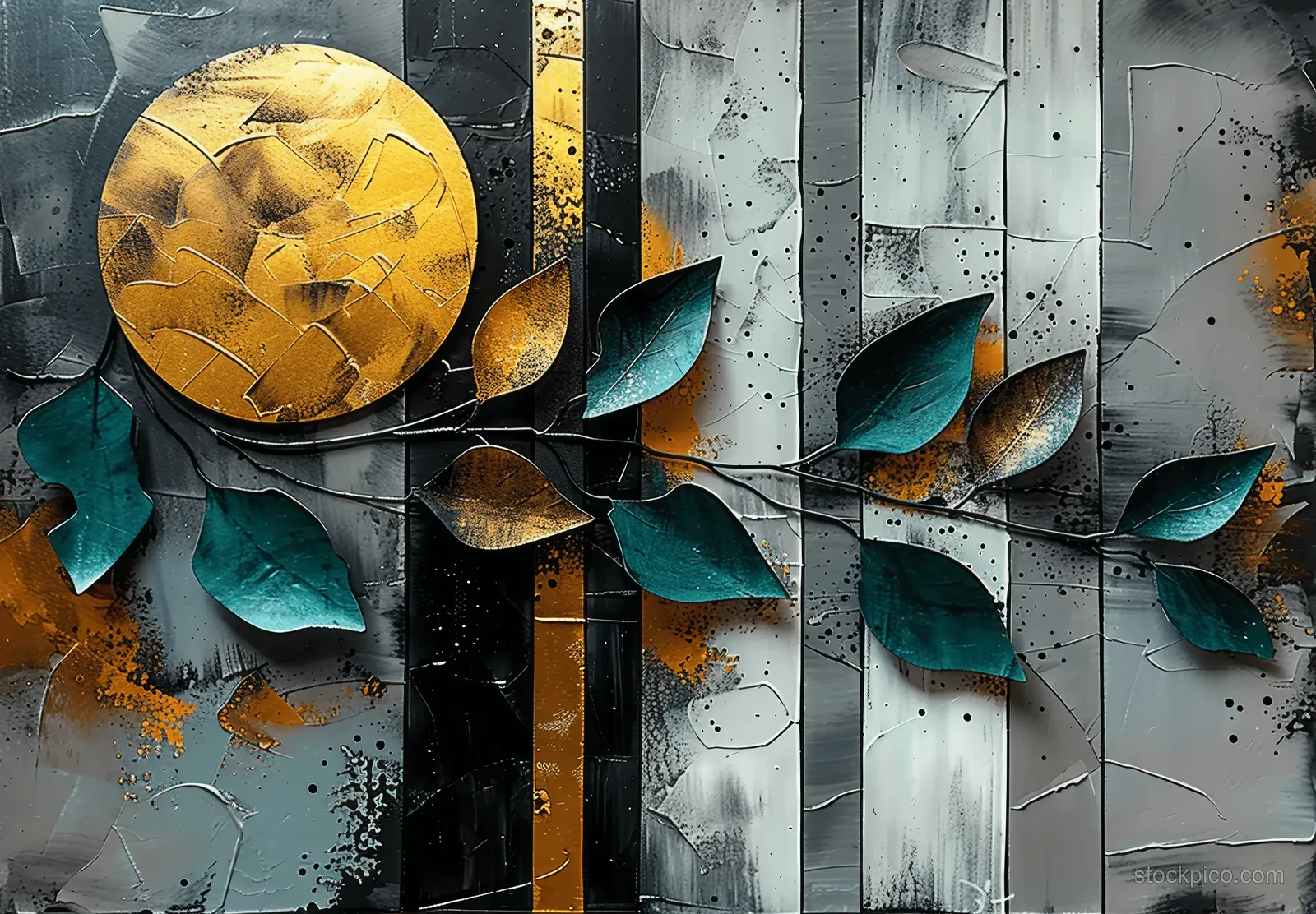 Golden circular geometric form and teal shard shapes sit on a gray striped abstract wall painting with black marks.