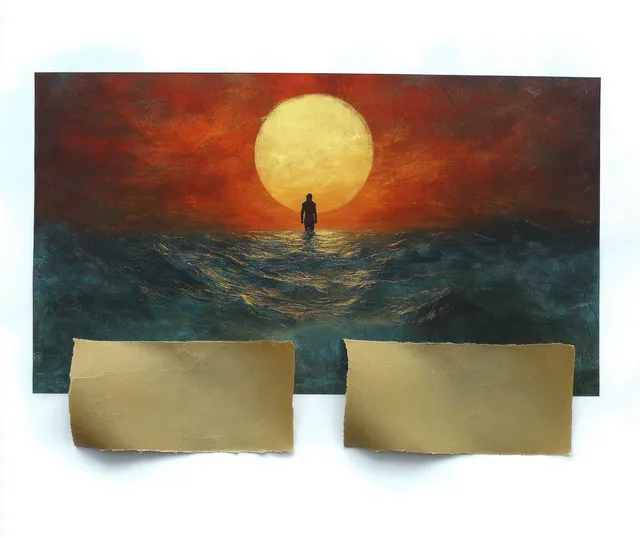 A silhouette stands in ocean waves beneath a large glowing sun at sunset.