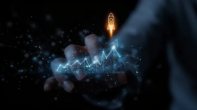 Businessman tapping glowing virtual rocket icon beside rising digital growth chart