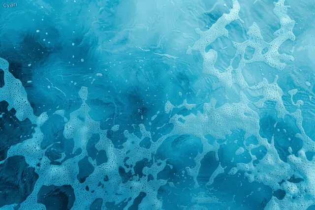 Top-down cyan ocean surface with foamy wave patterns and ripples across the water.