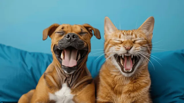 Yawning dog and cat portrait on blue fabric background with cheerful open mouths
