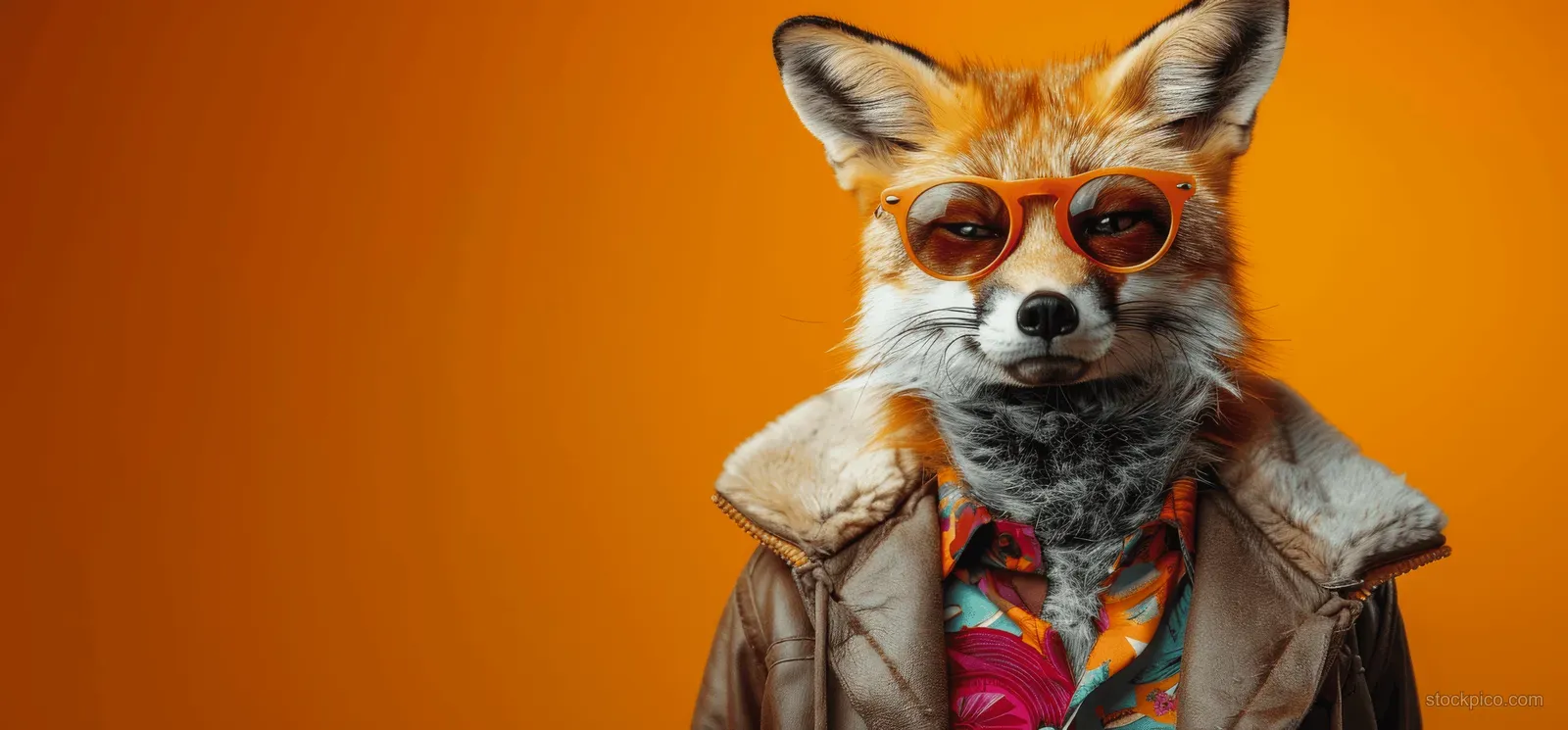 A fox wearing red sunglasses and a brown jacket with a colorful shirt is posed on a bright orange background.