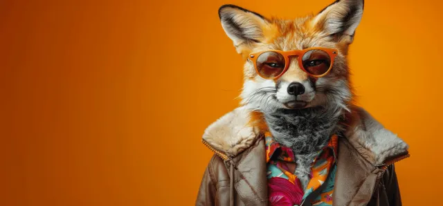 A fox wearing red sunglasses and a brown jacket with a colorful shirt is posed on a bright orange background.