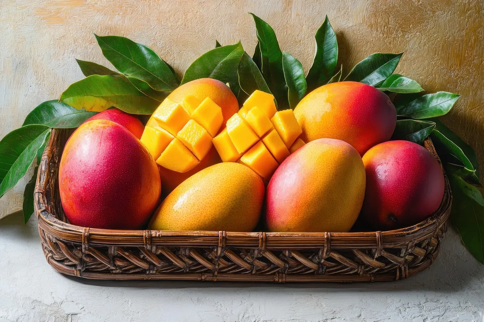 Wicker basket filled with ripe whole and cubed mangoes surrounded by fresh green leaves on a light textured surface.