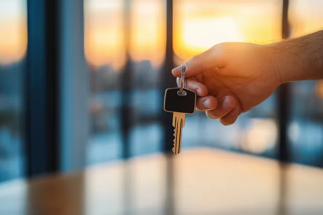 Realtor hands over house key to buyer at modern office desk with warm light