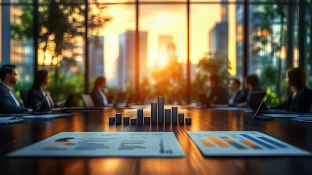 Business team at a meeting table reviews cost graphs and analytics on laptops in a glass office.
