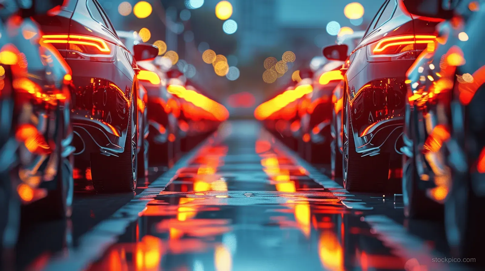 Cars parked in an outdoor lot at dusk with wet road reflections and blurred neon lights down the lane.