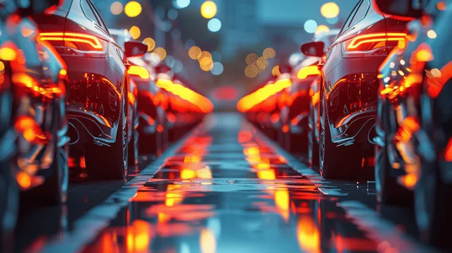 Row of parked cars in an outdoor lot at dusk, neon bokeh street lights reflecting