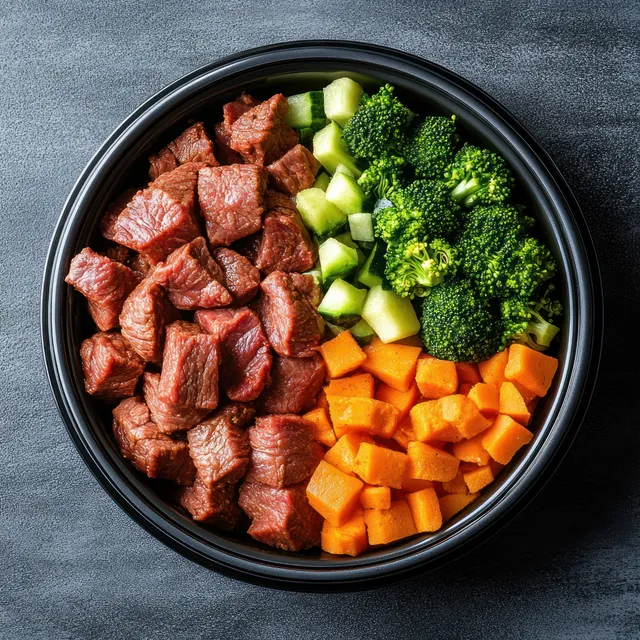 Black bowl with cubed beef, broccoli, cucumbers, carrots on dark textured surface