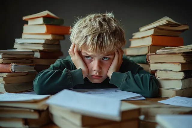 Overwhelmed young student huddles at a desk, surrounded by towering book stacks in dim light
