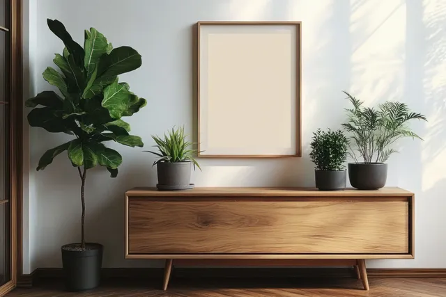 Minimal living room corner showing a wooden sideboard, three potted plants, and a framed print on a white wall.